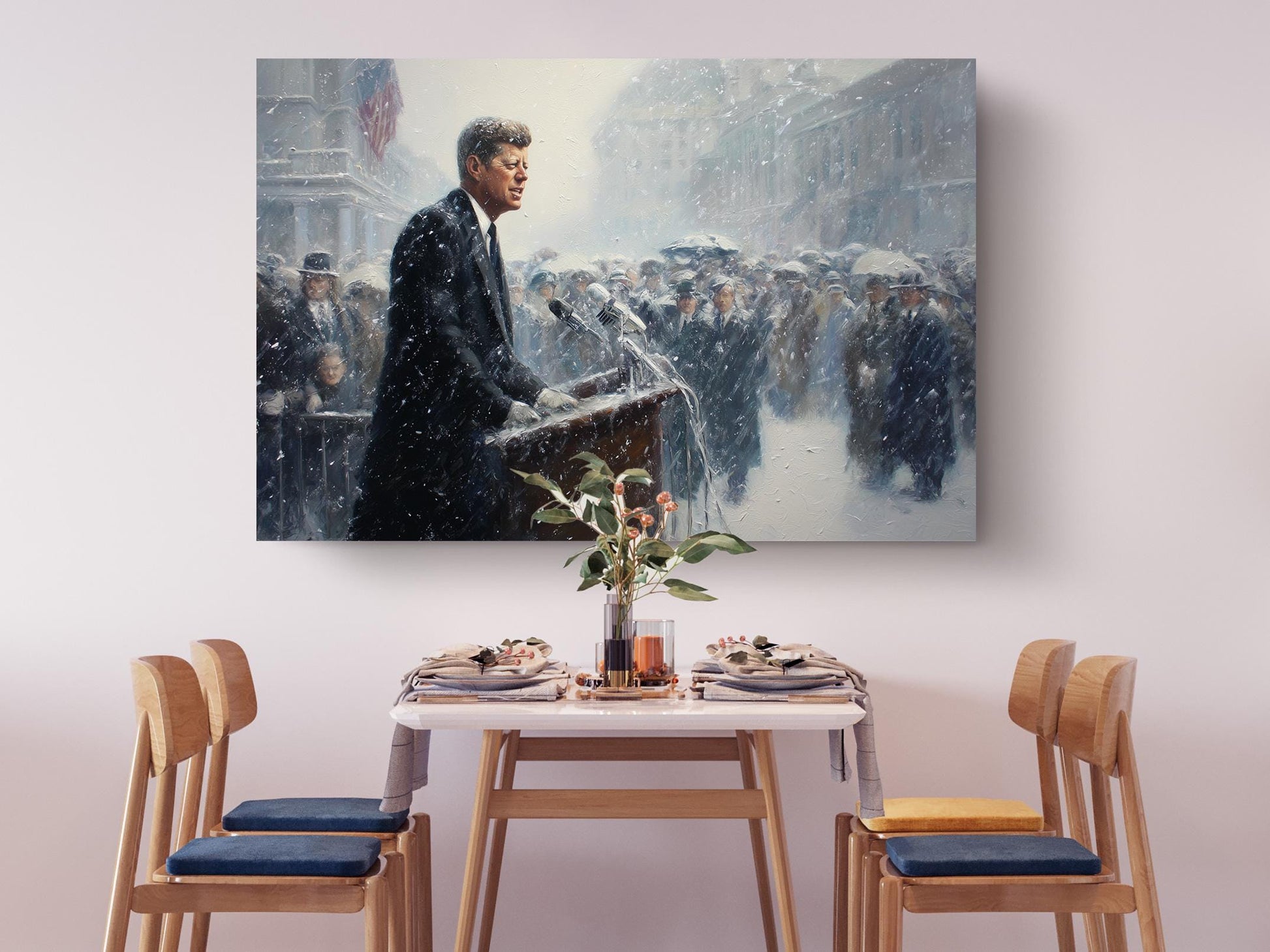 a man in a suit standing at a podium, addressing a crowd of people. The painting is hung on a wall above a dining table with chairs.