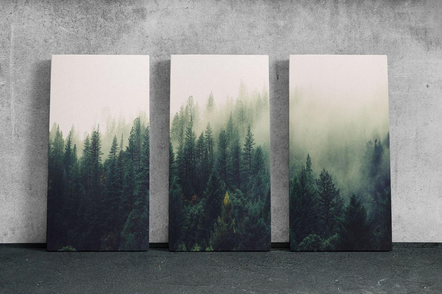 three paintings of trees on a concrete wall