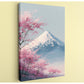 A painting of a mountain with a snow-capped peak, surrounded by pink cherry blossoms in full bloom against a clear blue sky.
