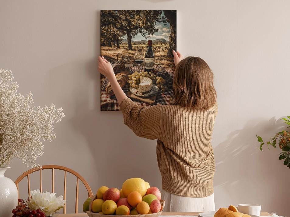 A woman hangs a framed picture of a picnic scene on a wall, surrounded by a table with fruit and flowers.