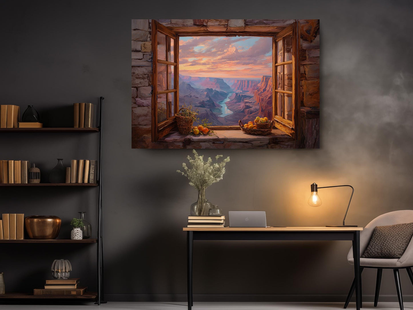 a serene indoor setting with a large window that offers a breathtaking view of a valley and mountains. The window is adorned with a basket of fruit and flowers, adding a touch of nature to the scene. The room is furnished with a desk, a chair, and a bookshelf, creating a cozy and inviting atmosphere. The overall composition of the image is harmonious and visually appealing, with the window as the focal point.