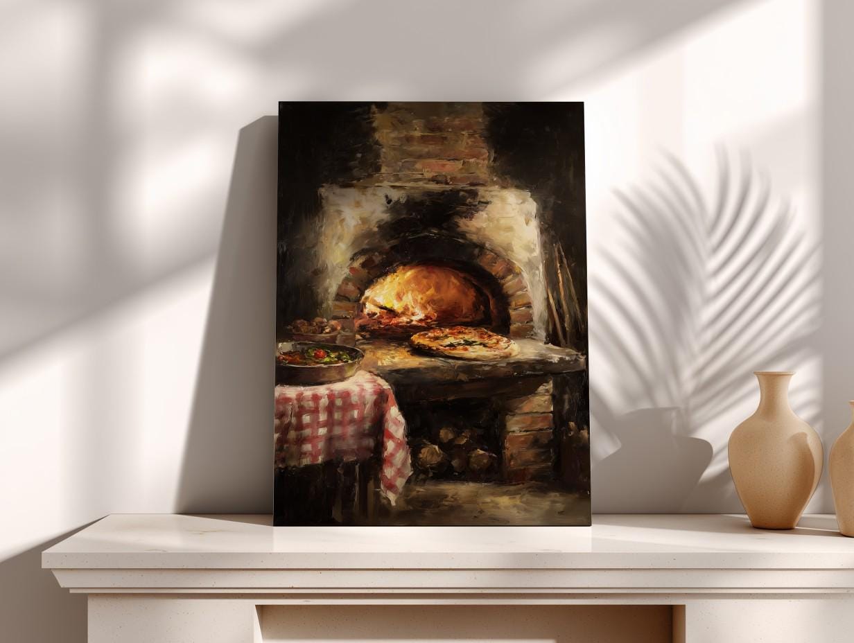 a rustic brick oven with a pizza baking inside, surrounded by a table with a red and white checkered tablecloth and a bowl of food.