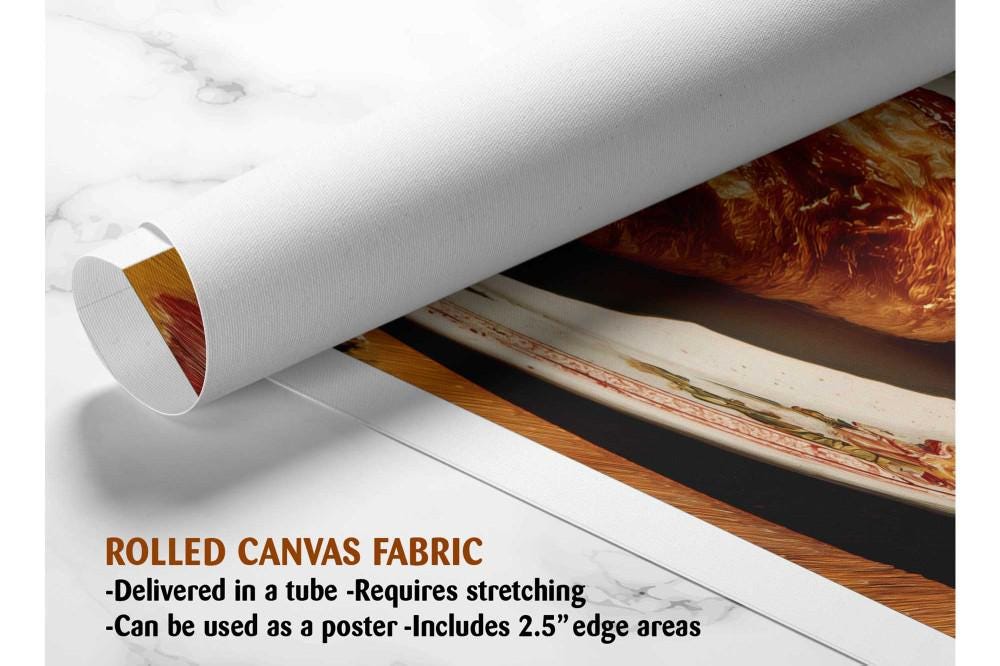 The image is a rolled canvas fabric, which is a type of canvas material used for creating posters or wall art. It is described as a tube-delivered fabric, which means it is delivered in a tube and requires stretching before use. The fabric can be used as a poster and includes a 2.5&quot; edge area.