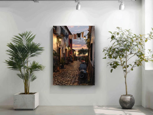 a cobblestone street lined with buildings and trees, with a colorful sunset sky in the background.