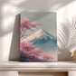 a painting of a mountain with pink flowers on its slopes, displayed on a white shelf against a white wall.