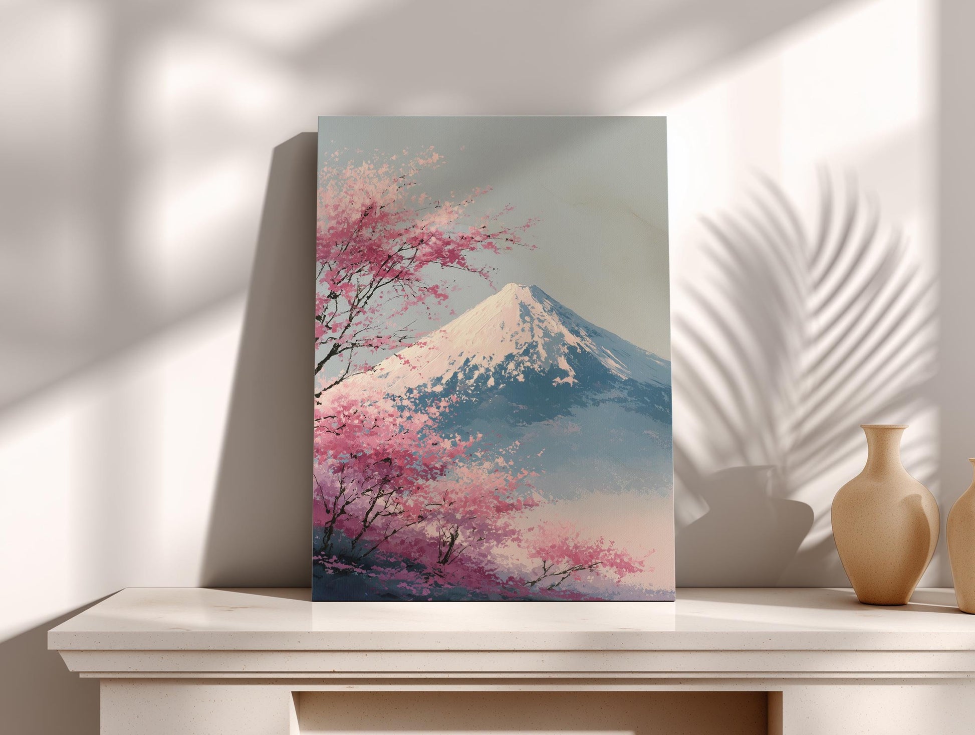 a painting of a mountain with pink flowers on its slopes, displayed on a white shelf against a white wall.