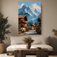 a cozy living room with a large painting of a picturesque mountain village hanging on the wall. The painting depicts a charming village nestled at the foot of a majestic mountain range, with colorful buildings and lush greenery surrounding the area. The room is decorated with potted plants, a wooden coffee table, and a comfortable couch, creating a warm and inviting atmosphere.