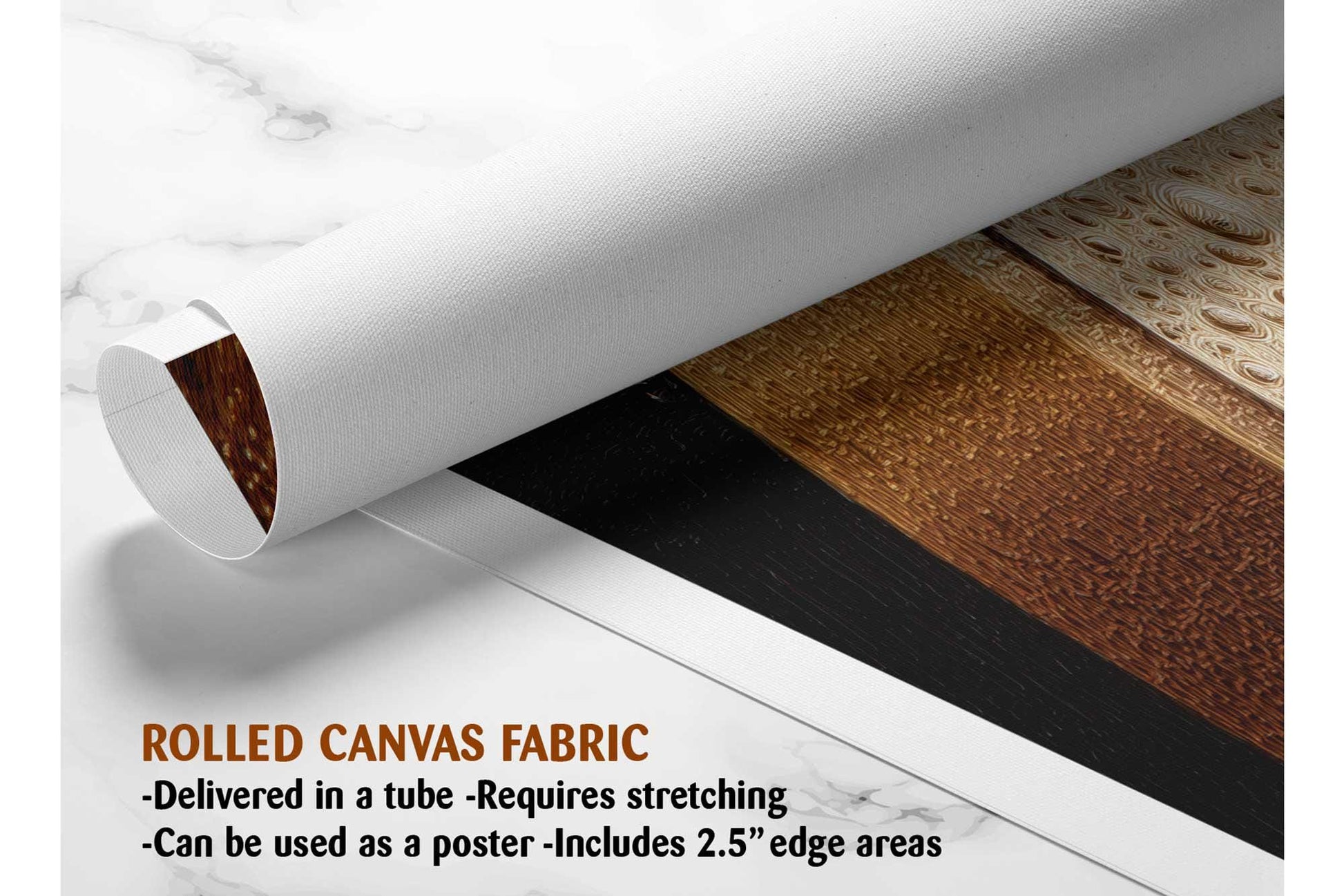 The image is a rolled canvas fabric, which is a type of canvas material used for creating posters, wall art, or other printed materials. It is delivered in a tube and requires stretching before use. The fabric can be used as a poster with a 2.5&quot; edge area.