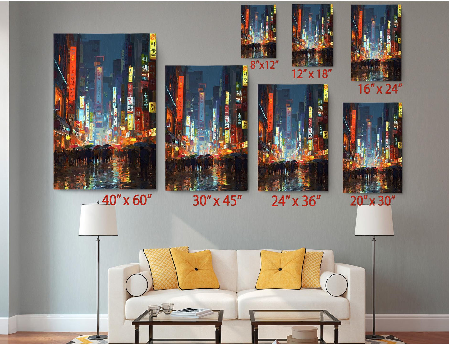 a living room with a white sofa and a coffee table. Above the sofa, there are six framed prints of a cityscape, each with a different size and resolution, ranging from 40 x 60 to 24 x 36. The prints are arranged in a grid-like pattern on the wall, creating a visually appealing display.