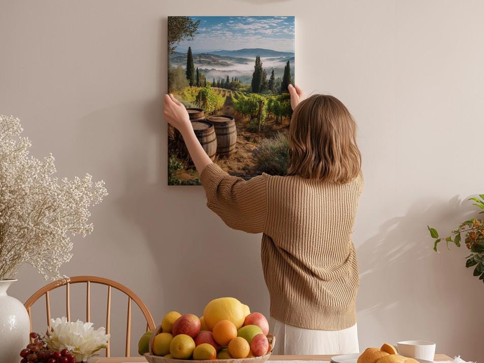 A woman hangs a framed picture of a vineyard on a wall in a cozy room with a dining table, chairs, and various fruits and flowers.
