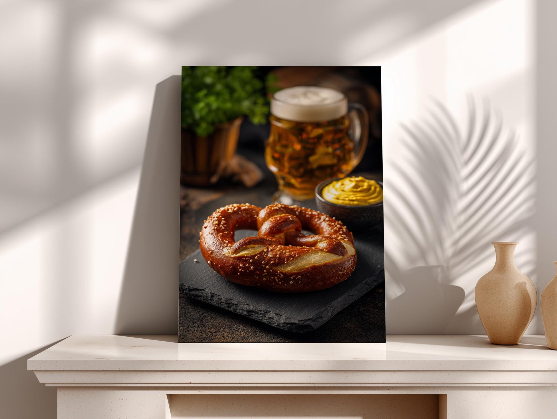 A close-up photograph of a pretzel with sesame seeds, accompanied by a glass of beer and a bowl of mustard, set against a dark background.