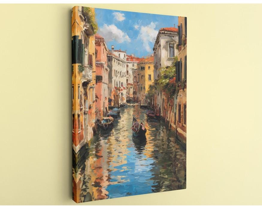 a picturesque canal scene in Venice, Italy, with colorful buildings lining the waterway and a gondola floating on the calm, reflective surface.