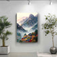 a serene indoor setting with a large painting of a mountainous landscape hanging on the wall, flanked by two potted plants.