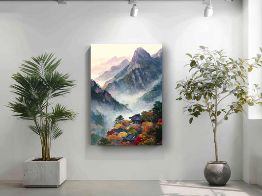 a serene indoor setting with a large painting of a mountainous landscape hanging on the wall, flanked by two potted plants.