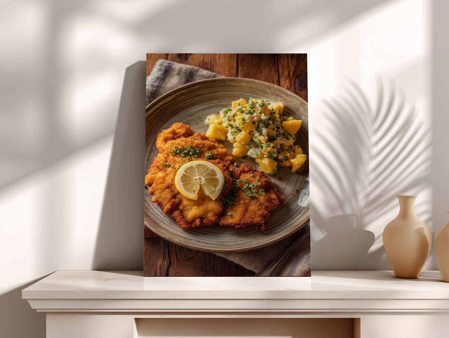 A plate of food, including a piece of fried meat and a side of potato salad, is displayed on a wooden surface.
