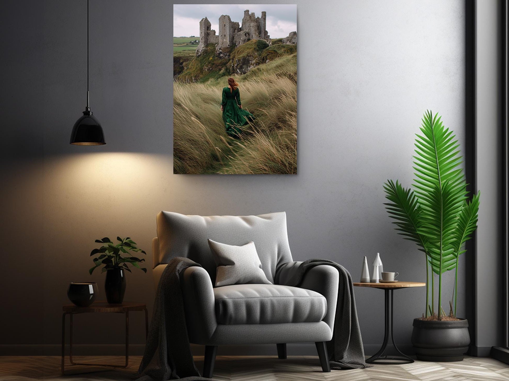 a cozy living room with a gray armchair, a potted plant, and a painting of a castle in the background.