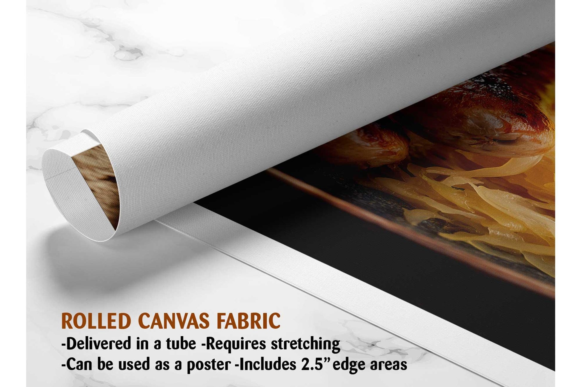 The image is a rolled canvas fabric, which is a type of canvas material used for painting or printing. It is described as a tube-delivered fabric, which means it is delivered in a tube and requires stretching before use. The fabric can be used as a poster and includes a 2.5&quot; edge area.