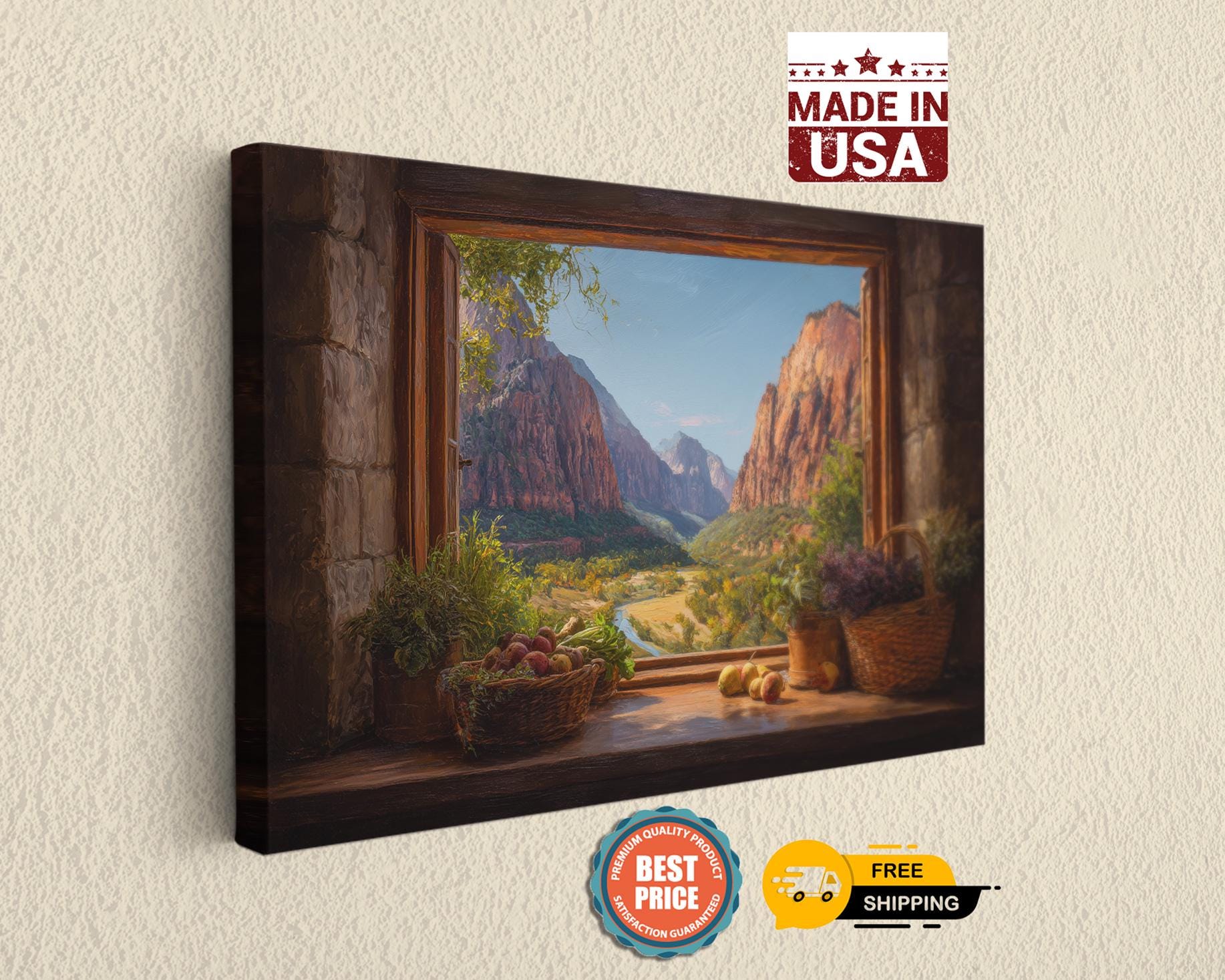 The image is a framed painting depicting a scenic mountain landscape through a window, with a basket of fruit and a basket of vegetables on the windowsill.