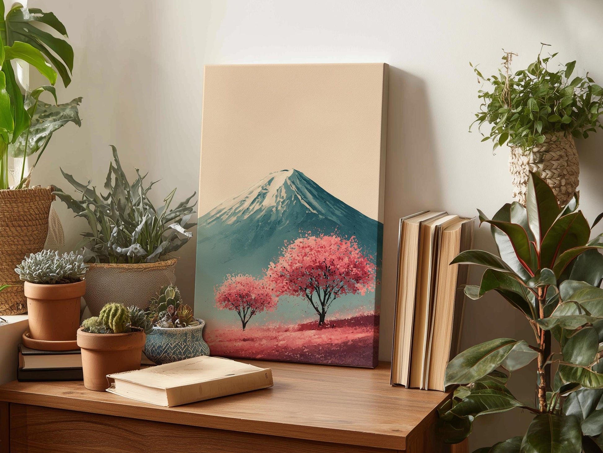 a wooden desk with a painting of a mountain landscape, a stack of books, and several potted plants.
