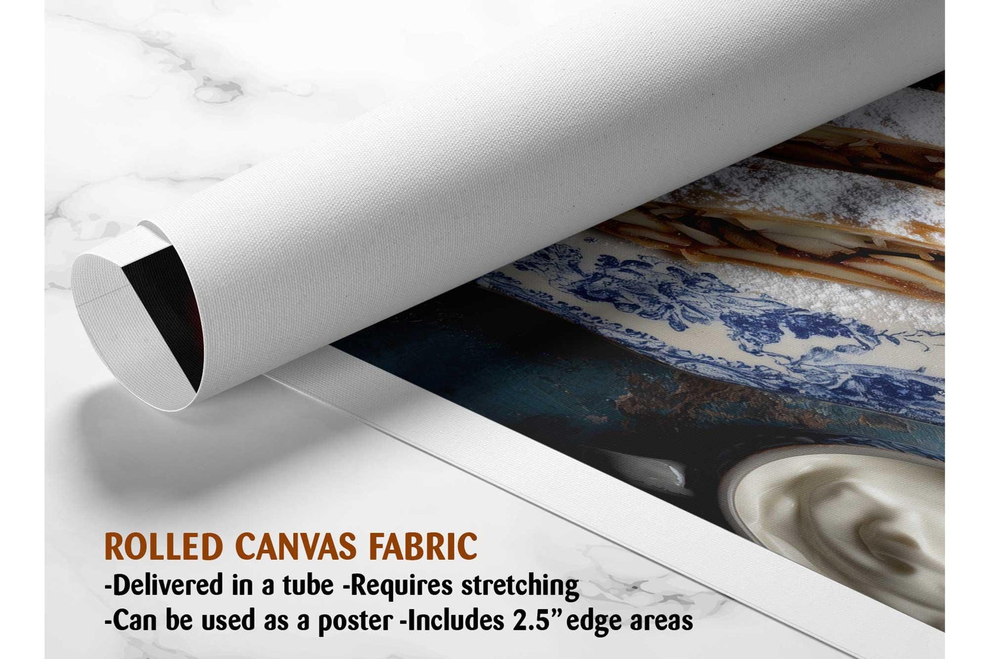 The image is a rolled canvas fabric, which is a type of canvas material used for painting or printing. It is described as a tube-delivered fabric that requires stretching and can be used as a poster with a 2.5&quot; edge area.