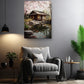 a serene living room with a cozy gray armchair, a wooden side table, and a potted plant. Above the armchair, there is a framed painting of a tranquil Japanese garden with a small wooden house and a pond.