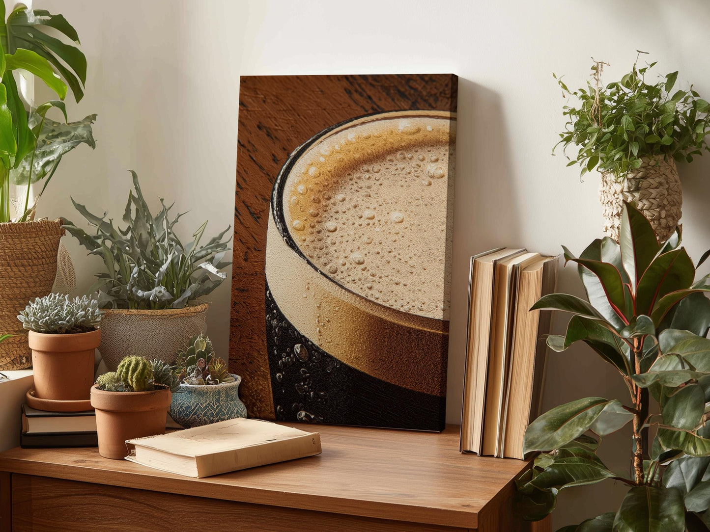 a wooden desk with various items on it, including a framed picture of a beer glass, a stack of books, and several potted plants.