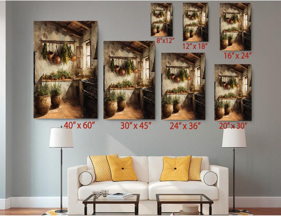 The image is a living room with a white sofa and a coffee table. Above the sofa, there are six framed pictures of the same scene, each with a different size and resolution. The pictures are arranged in a grid-like pattern, with the largest one at the top and the smallest at the bottom. The sizes of the pictures are given in inches, ranging from 40 to 36.