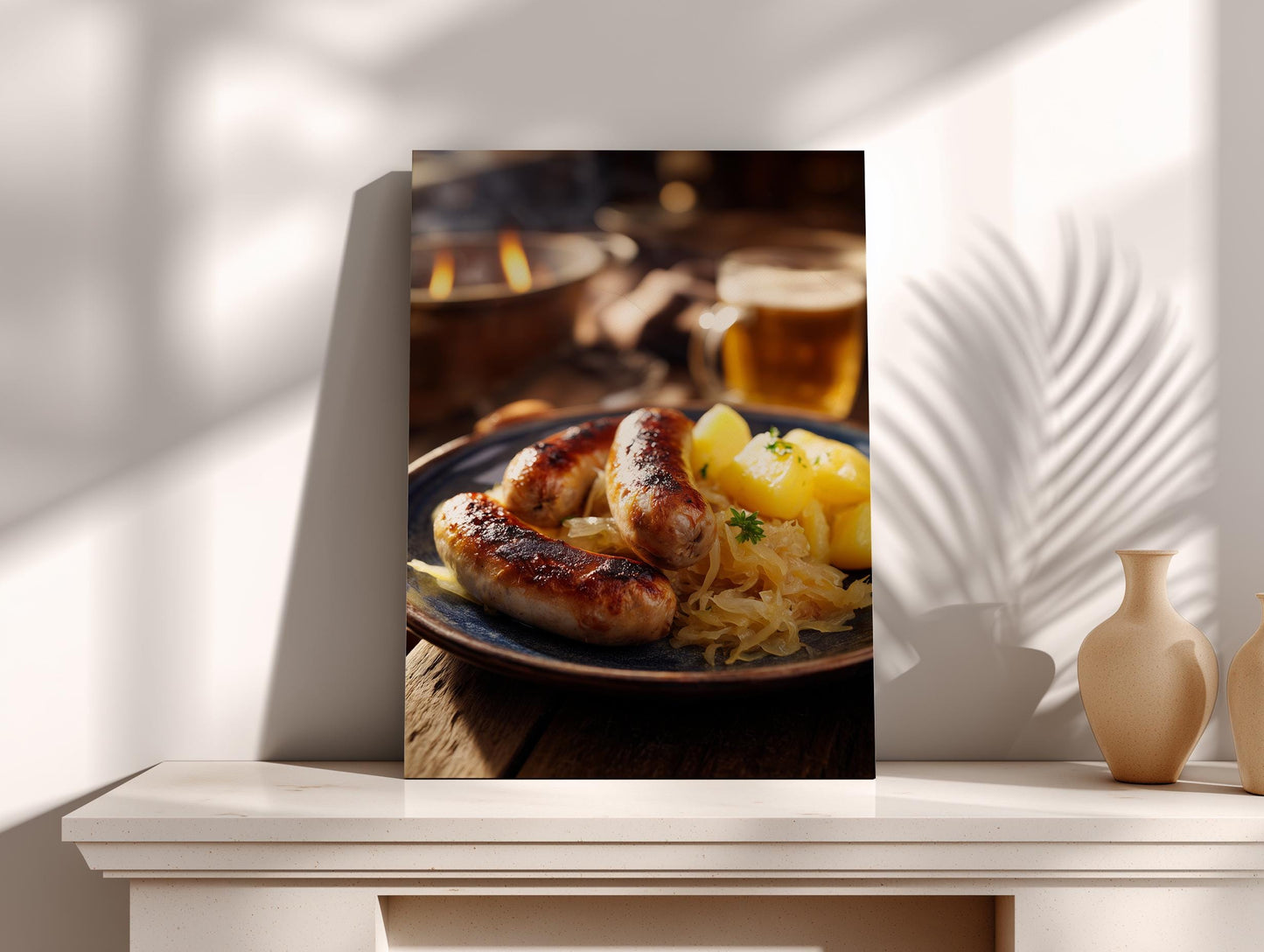 a close-up view of a plate of sausages and potatoes, with a glass of beer in the background.