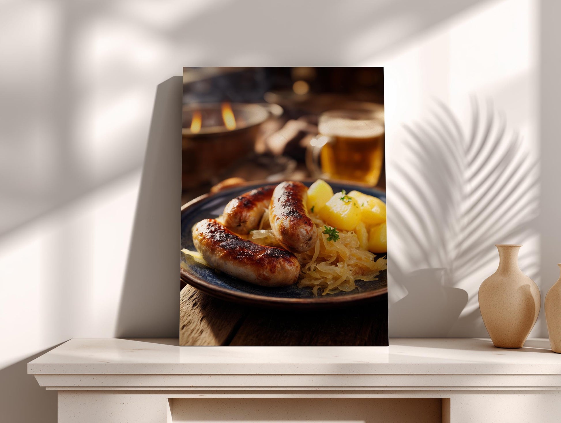 a close-up view of a plate of sausages and potatoes, with a glass of beer in the background.