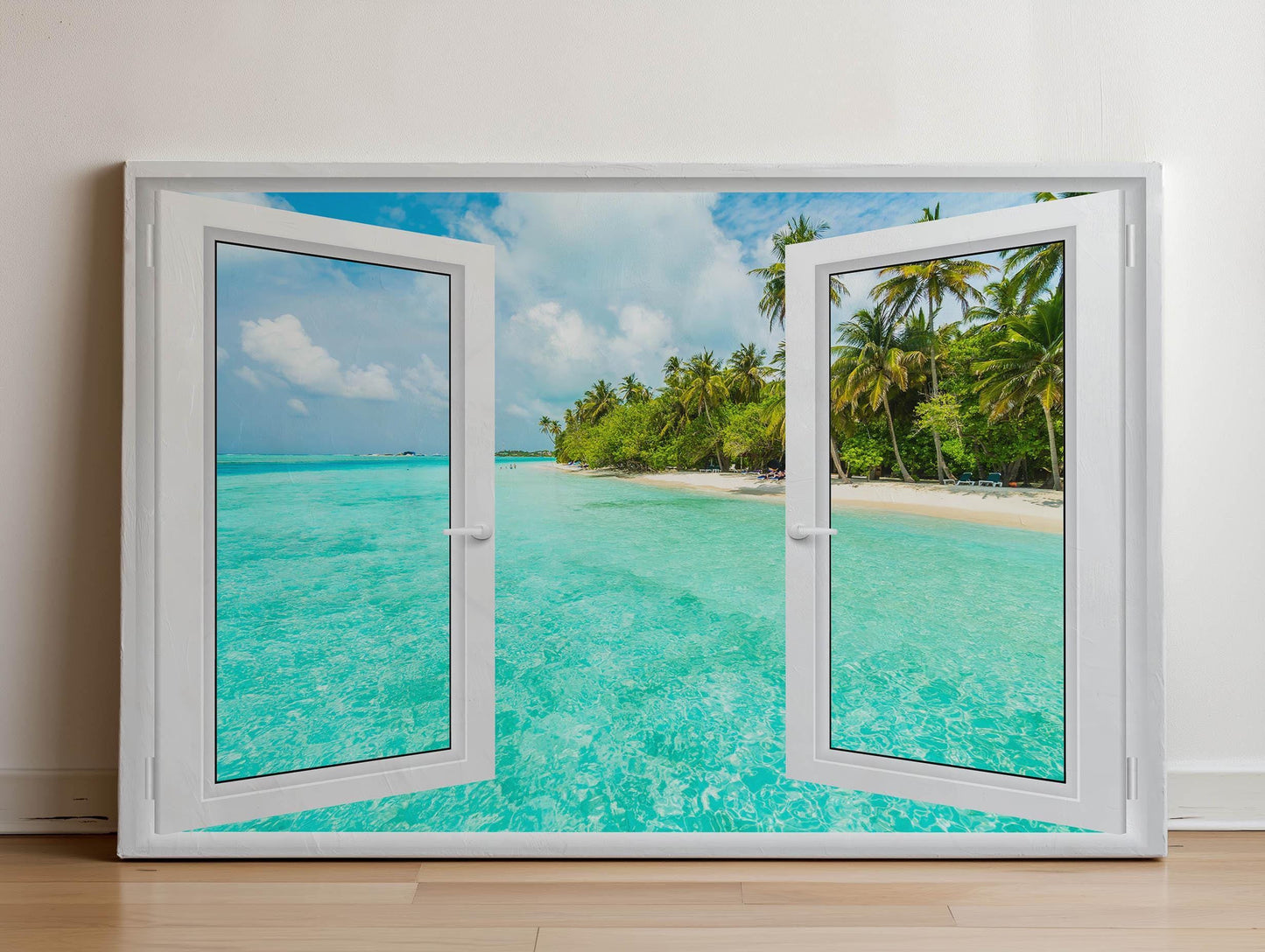 an open door to a tropical beach with palm trees