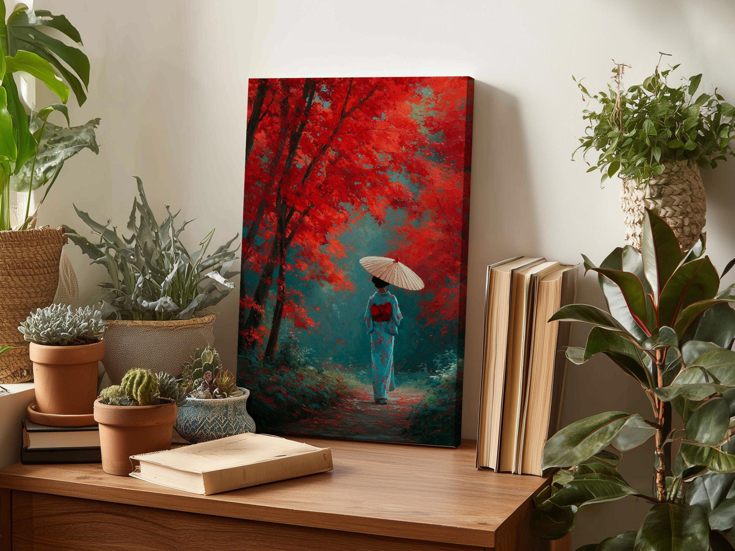 a woman in a blue kimono holding an umbrella, walking down a path through a forest with red trees. The scene is surrounded by various potted plants and books, creating a serene and tranquil atmosphere.