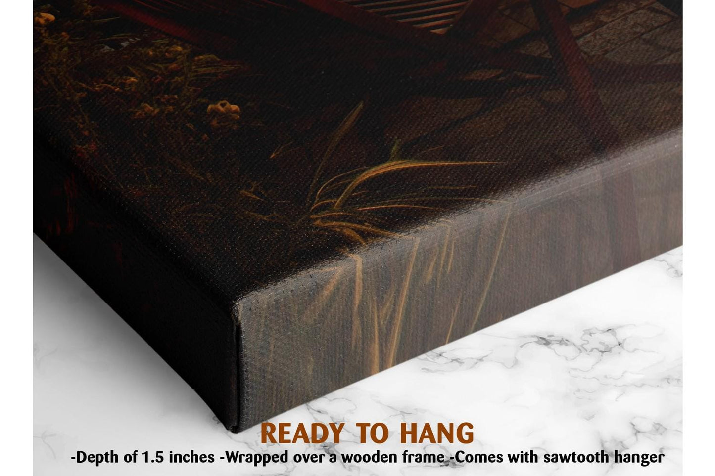 The image is a close-up of a framed artwork on a wooden frame, with a marble surface underneath. The artwork appears to be a painting or print, and the text indicates that it is ready to hang.