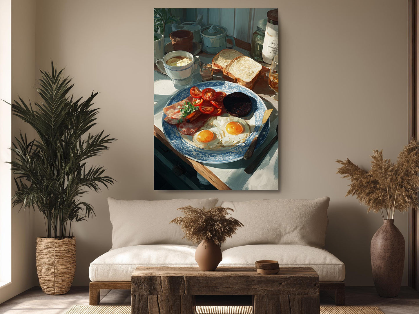 a cozy living room with a large painting of a breakfast scene hanging on the wall. The painting features a blue and white plate with eggs, toast, and tomatoes, along with a cup of coffee. The room is decorated with potted plants, a vase, and a wooden coffee table.