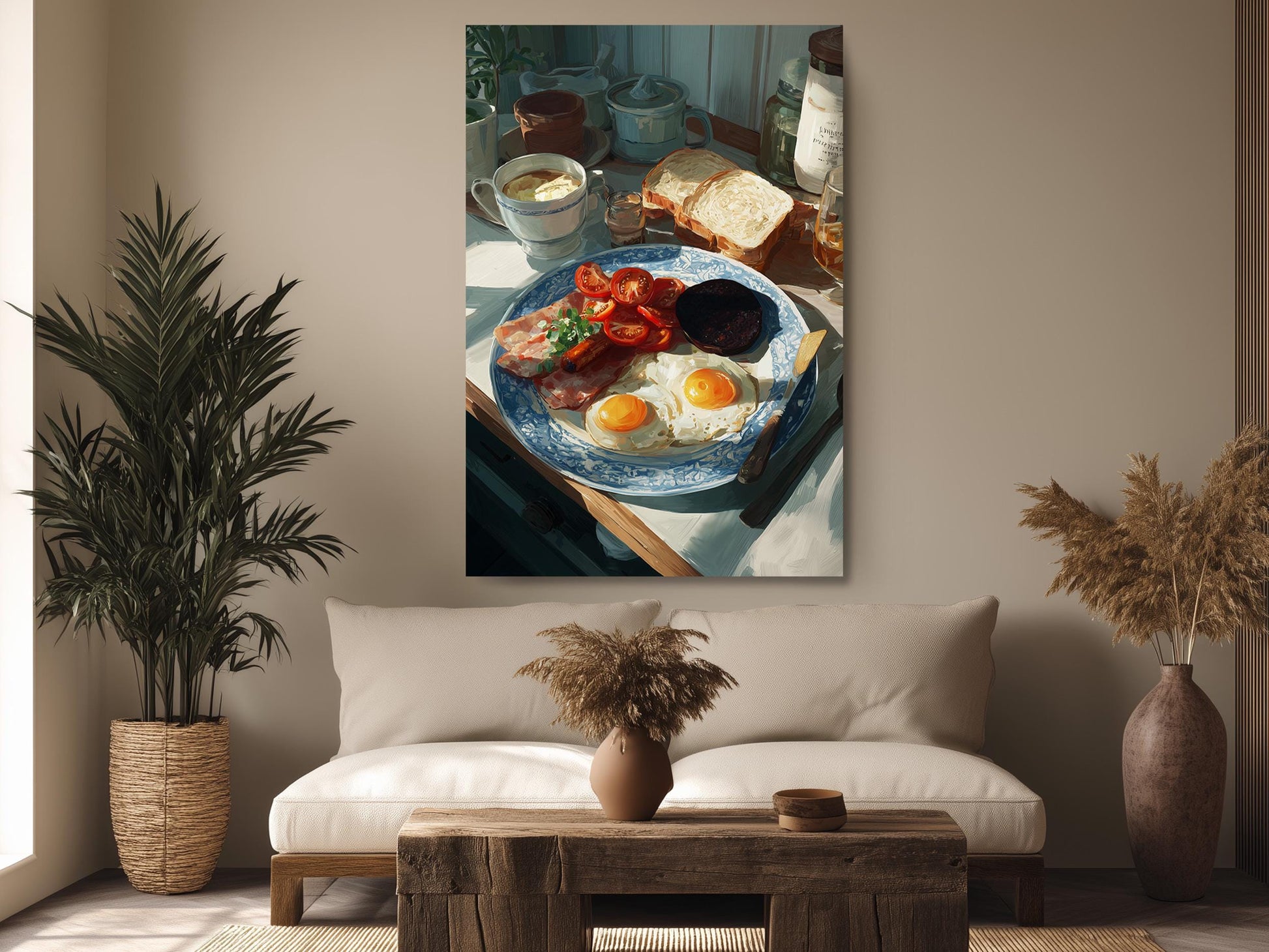 a cozy living room with a large painting of a breakfast scene hanging on the wall. The painting features a blue and white plate with eggs, toast, and tomatoes, along with a cup of coffee. The room is decorated with potted plants, a vase, and a wooden coffee table.