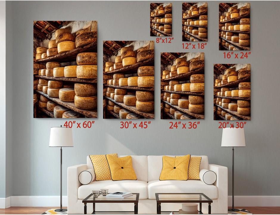 The image is a wall art display featuring multiple photographs of cheese wheels, each with a different size and orientation. The photographs are arranged in a grid-like pattern, with each photograph having a corresponding size and orientation label. The wall art is set against a gray wall, and there is a white couch and a coffee table in the foreground.