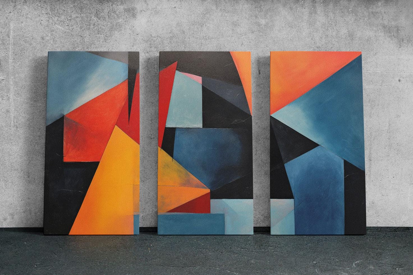 three paintings of different colors on a wall