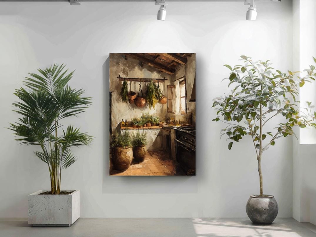 a cozy kitchen scene with a hanging pot rack, potted plants, and a painting hanging on the wall.