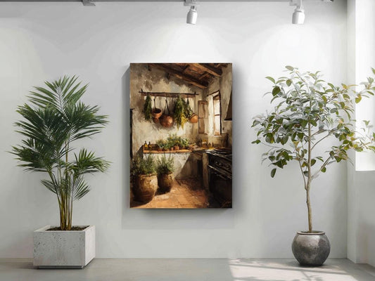 a cozy kitchen scene with a hanging pot rack, potted plants, and a painting hanging on the wall.