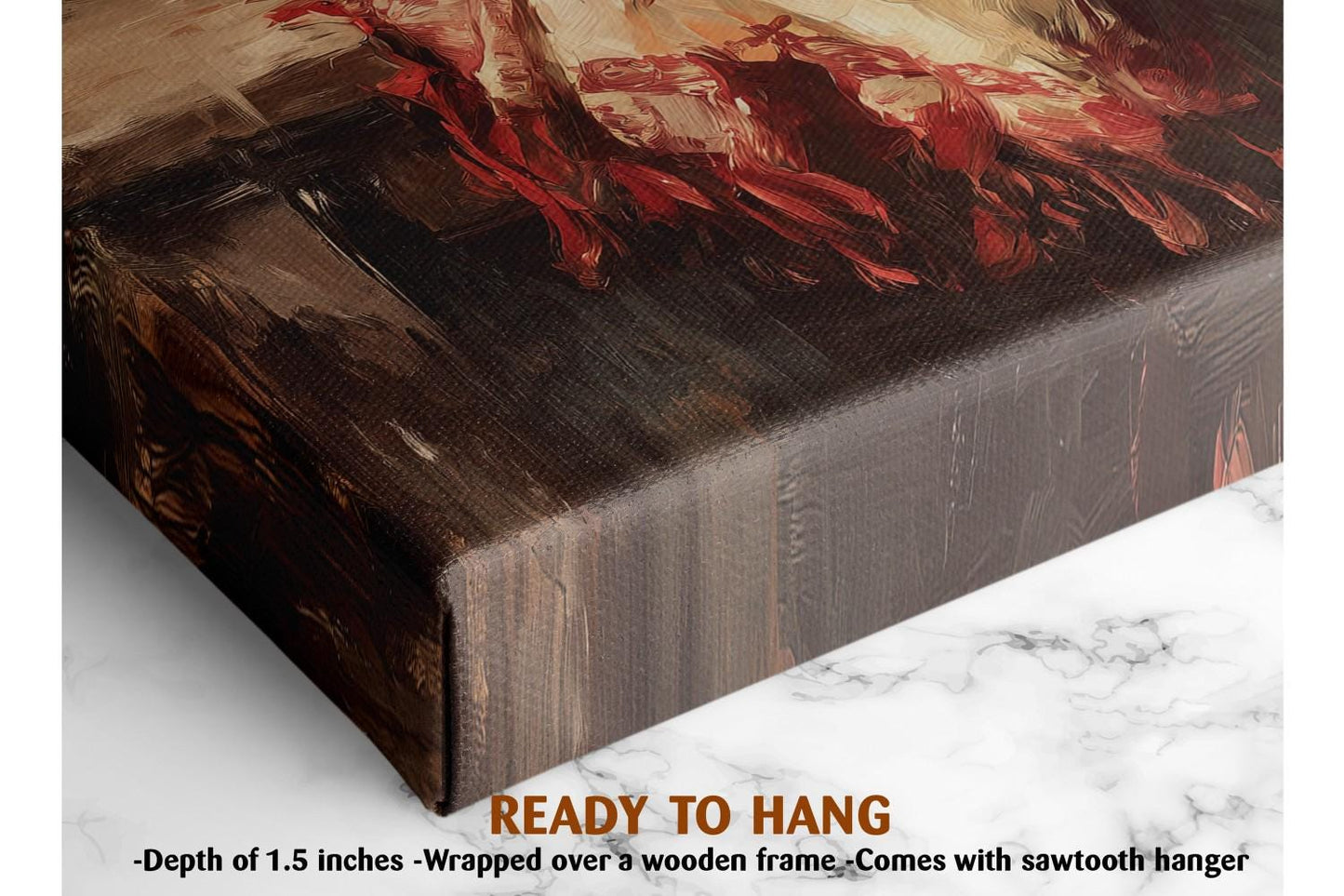 The image is a close-up of a wooden frame with a painting or artwork hanging on it. The frame appears to be made of wood and has a textured surface. The painting has a dark, textured background with red and brown colors. The image is described as a &quot;collage of multiple images&quot; and &quot;ready to hang&quot;, indicating that it is a framed artwork.