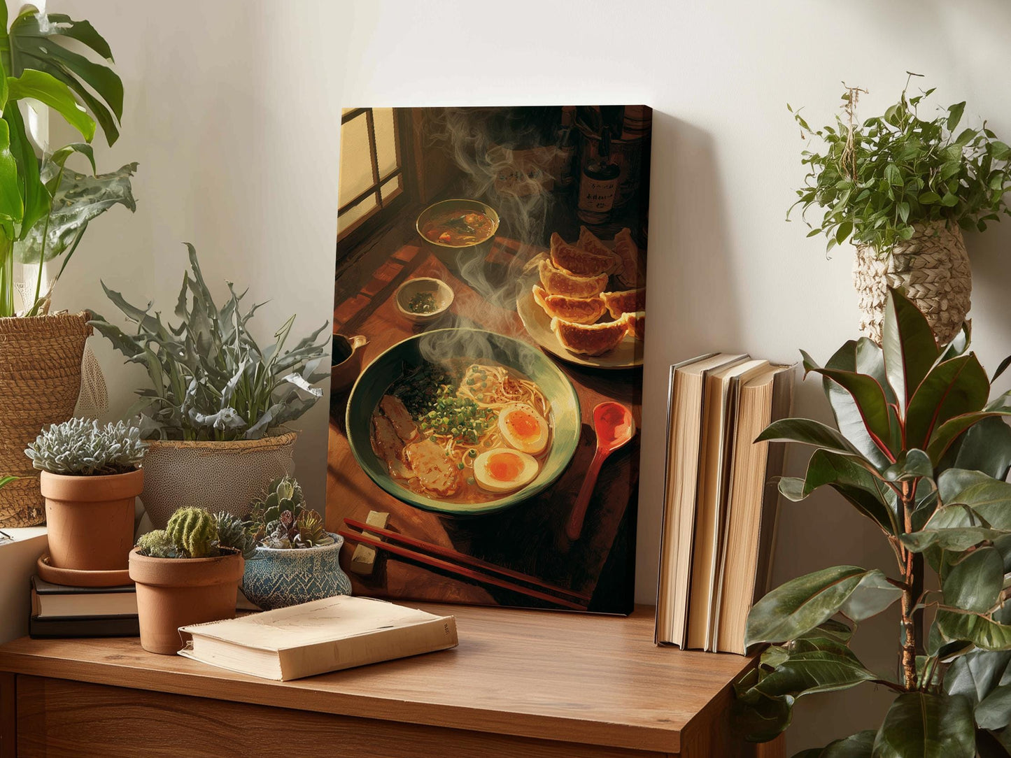 a wooden table with a bowl of food, a book, and some plants. The bowl contains a dish with noodles, vegetables, and what appears to be eggs.