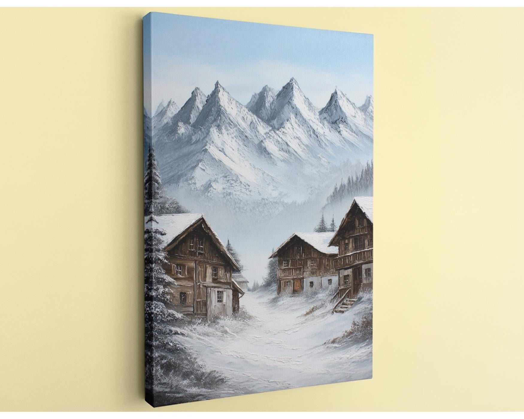 a picturesque winter scene with a snowy mountain landscape and a quaint village nestled in the valley below.