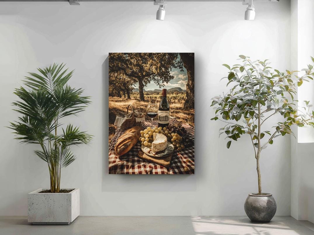 a large canvas print of a picnic scene, with a bottle of wine, bread, cheese, and grapes arranged on a checkered cloth. The print is hung on a white wall, with two potted plants placed on either side of it.