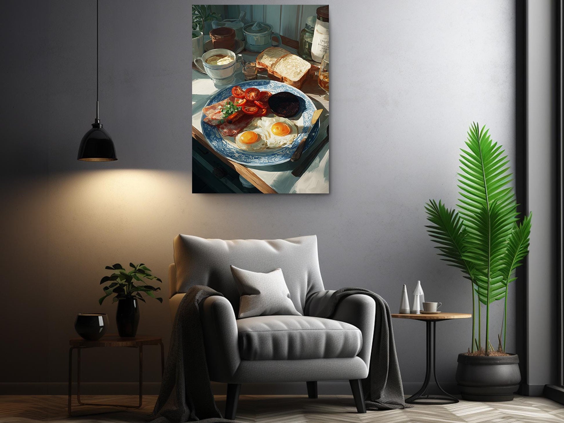 a cozy living room with a comfortable gray armchair, a wooden side table, and a potted plant. Above the armchair, there is a framed painting of a breakfast scene, including a plate of eggs, toast, and bacon.