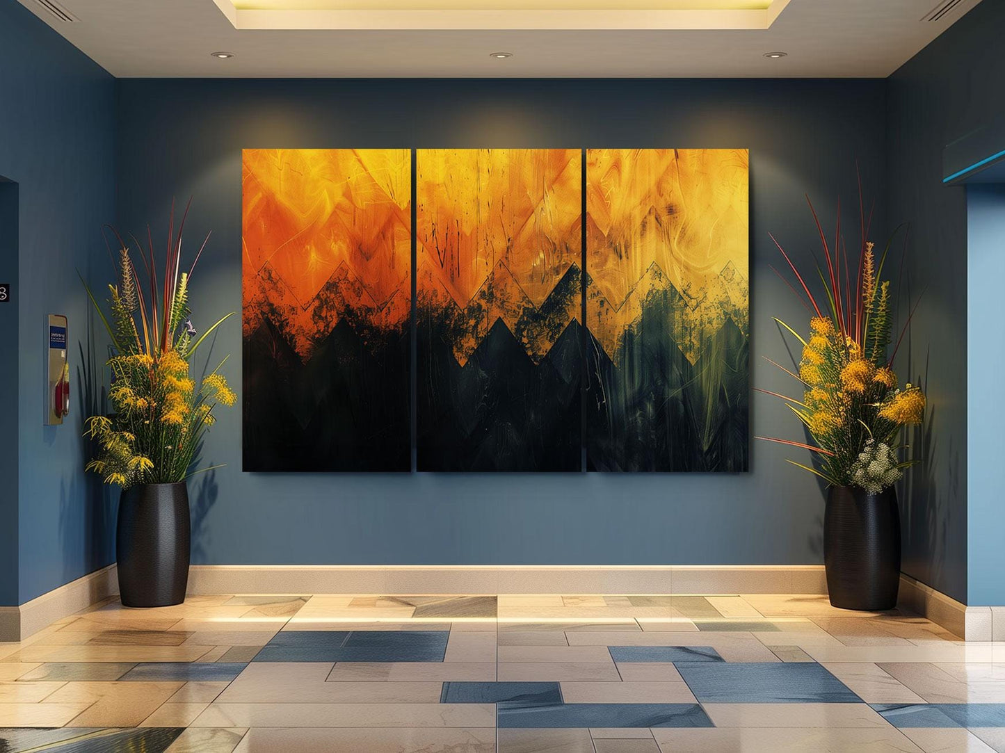 a painting of a yellow and orange sky in a blue room