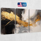 three abstract paintings on a wall with a us flag in the background