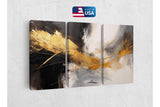 three abstract paintings on a wall with a us flag in the background