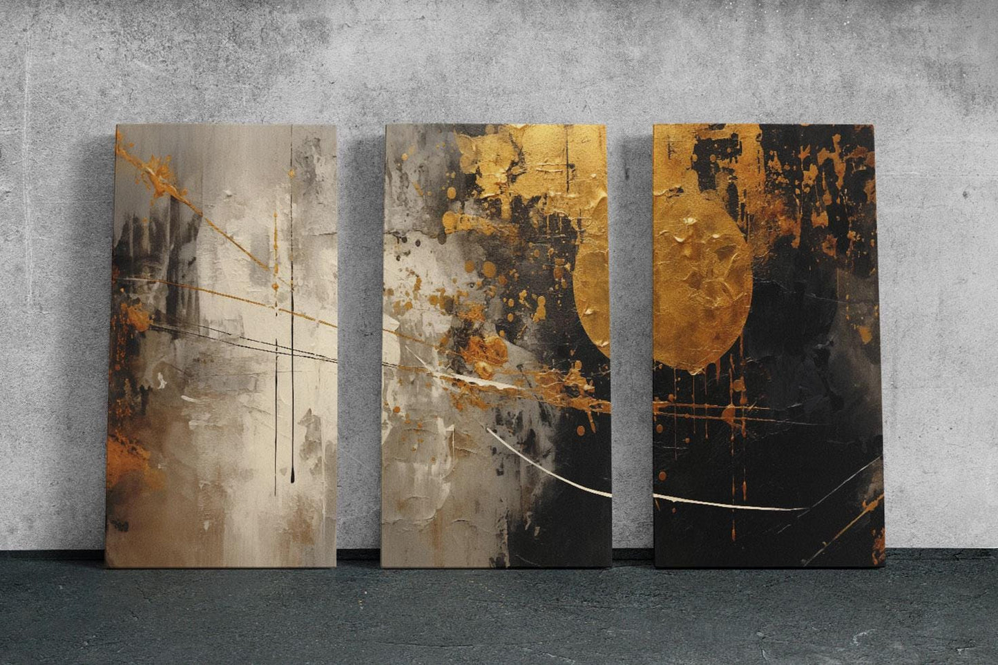 a group of three paintings on a wall