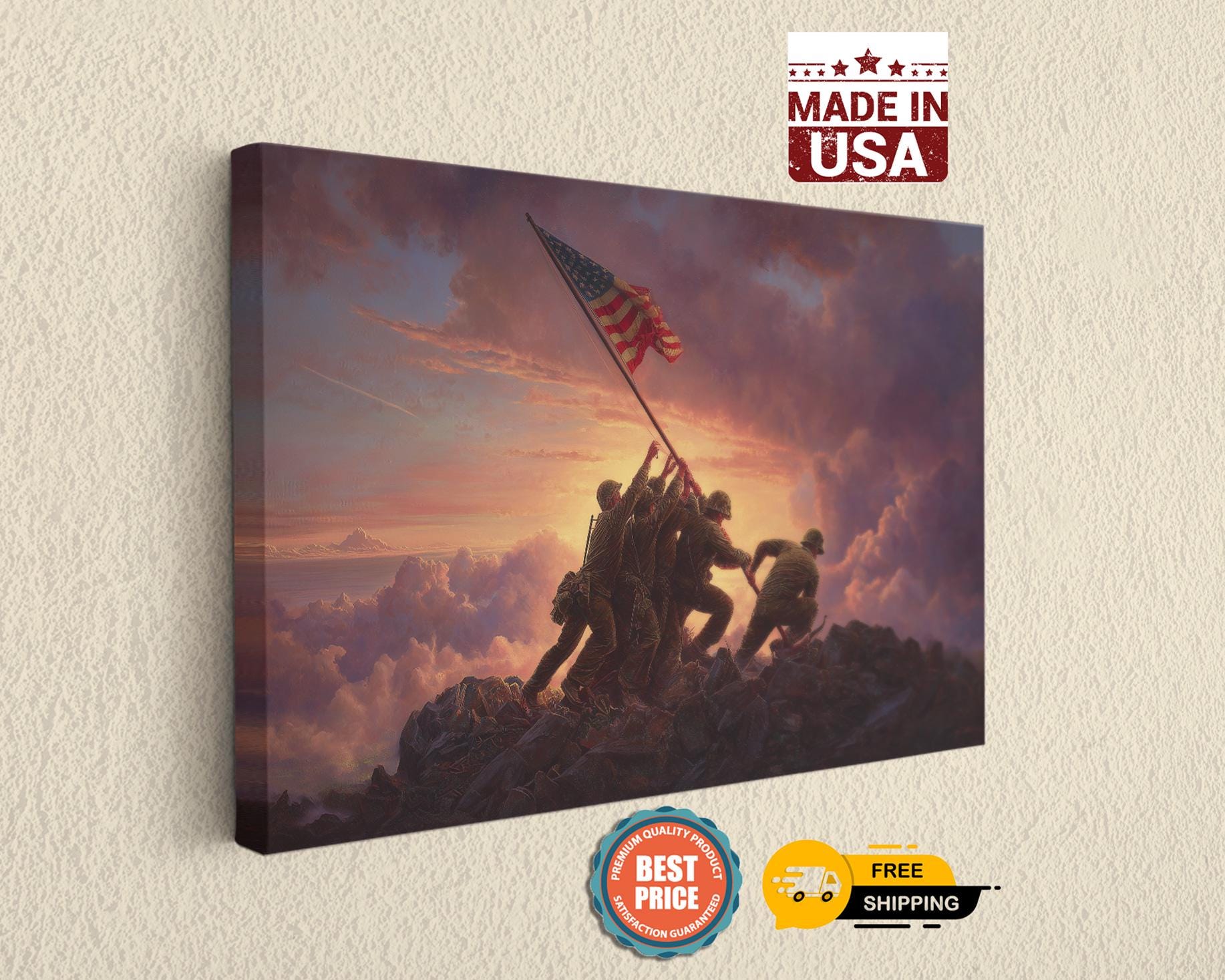 The image is a painting depicting a group of soldiers marching up a hill, with one of them holding an American flag. The sky in the background is cloudy, and the setting appears to be a sunrise or sunset.