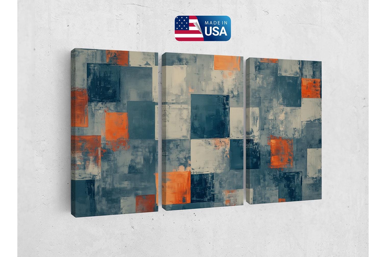 an abstract painting on a wall with an american flag in the background