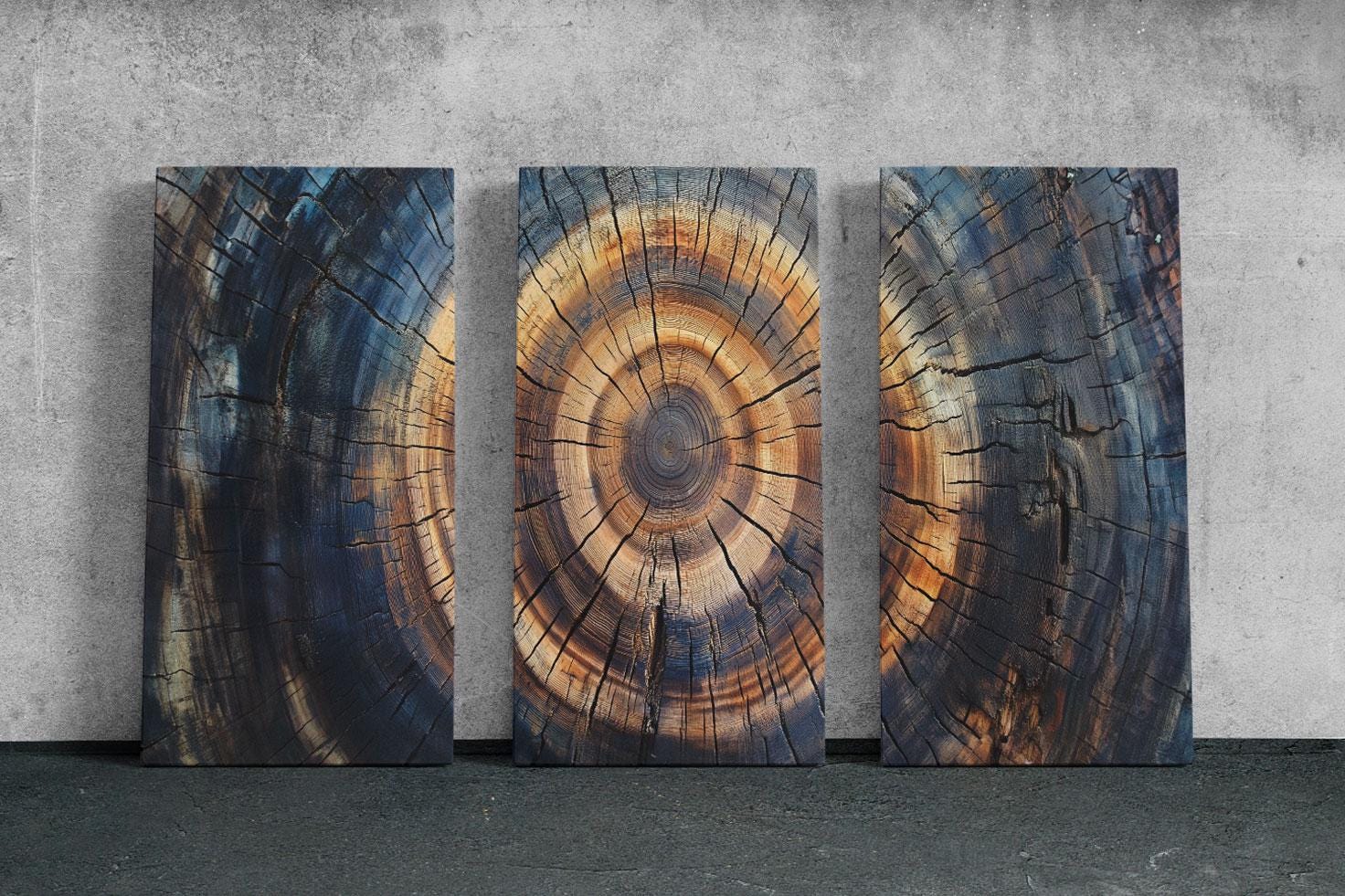 three pieces of wood with a circular design on them